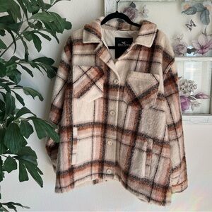 Hollister Teddy Jacket Plaid Cream Brown Button Up Size XL